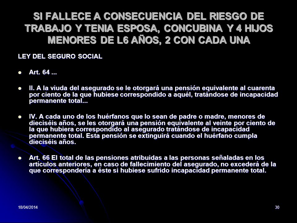 SI FALLECE A CONSECUENCIA DEL RIESGO DE TRABAJO Y TENIA ESPOSA, CONCUBINA Y 4 HIJOS MENORES DE L6 AÑOS, 2 CON CADA UNA