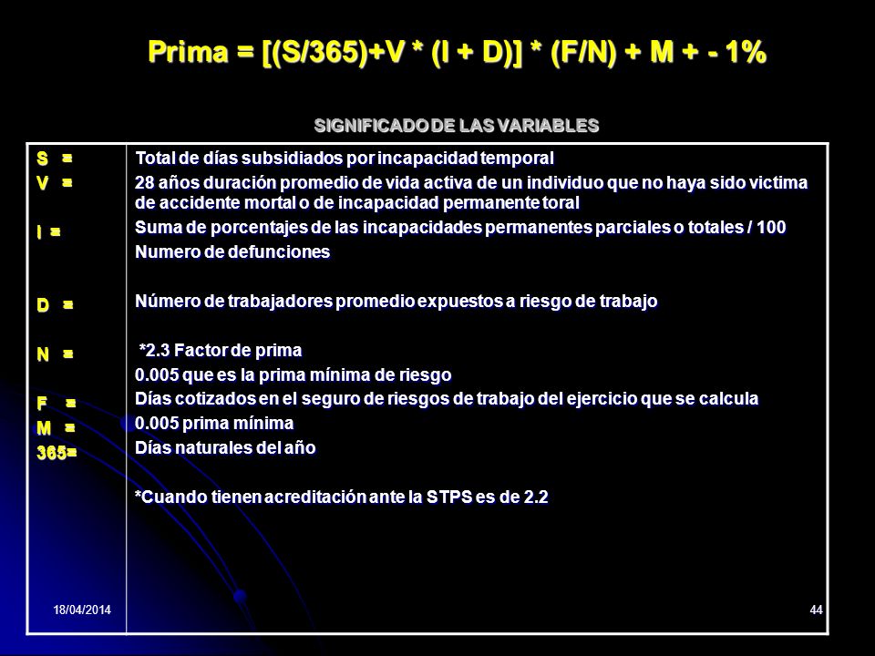 Prima = [(S/365)+V * (I + D)] * (F/N) + M + - 1% SIGNIFICADO DE LAS VARIABLES