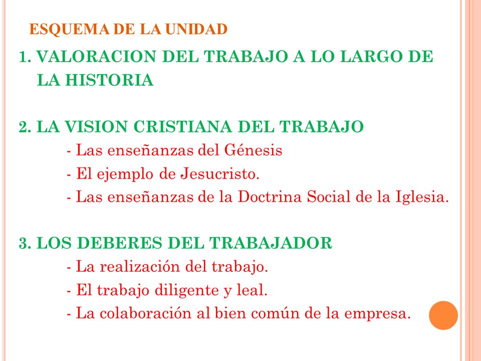 ESQUEMA DE LA UNIDAD 1. VALORACION DEL TRABAJO A LO LARGO DE. LA HISTORIA. 2. LA VISION CRISTIANA DEL TRABAJO.