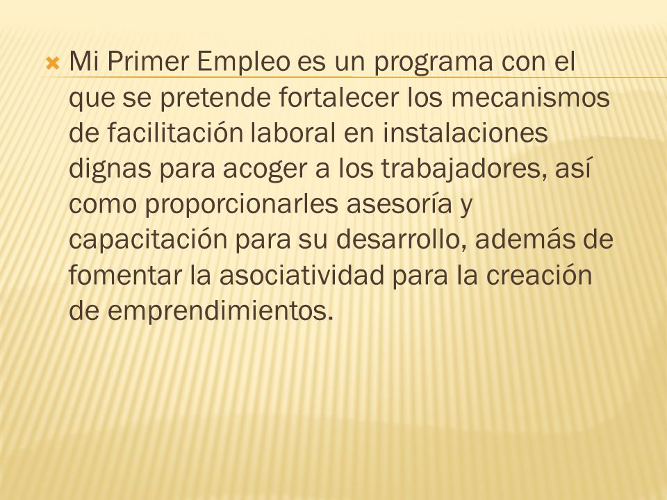 Mi Primer Empleo es un programa con el que se pretende fortalecer los mecanismos de facilitación laboral en instalaciones dignas para acoger a los trabajadores, así como proporcionarles asesoría y capacitación para su desarrollo, además de fomentar la asociatividad para la creación de emprendimientos.