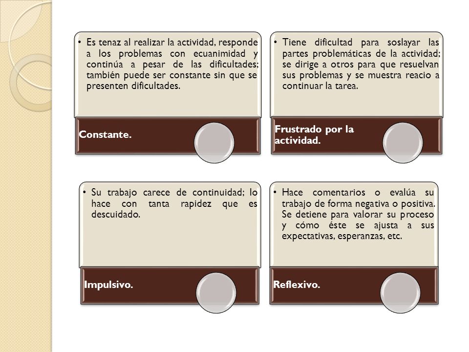 Es tenaz al realizar la actividad, responde a los problemas con ecuanimidad y continúa a pesar de las dificultades; también puede ser constante sin que se presenten dificultades.