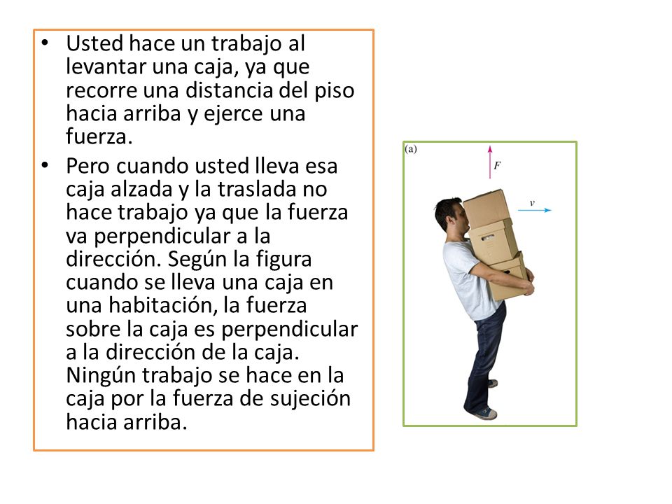 Usted hace un trabajo al levantar una caja, ya que recorre una distancia del piso hacia arriba y ejerce una fuerza.