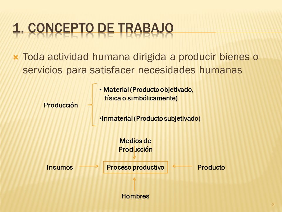 1. Concepto de trabajo Toda actividad humana dirigida a producir bienes o servicios para satisfacer necesidades humanas.