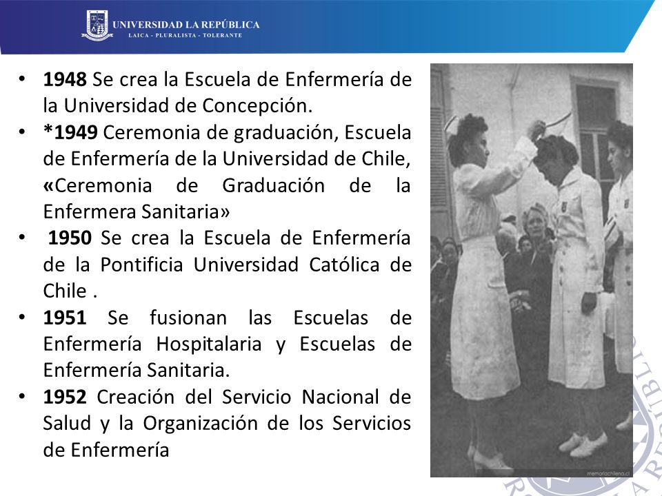 1948 Se crea la Escuela de Enfermería de la Universidad de Concepción.