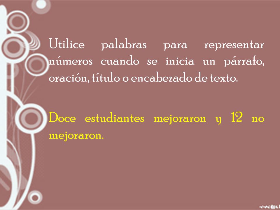 Utilice palabras para representar números cuando se inicia un párrafo, oración, título o encabezado de texto.