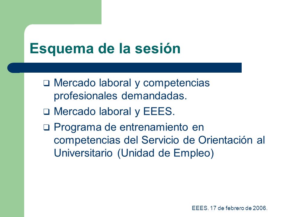 Esquema de la sesión Mercado laboral y competencias profesionales demandadas. Mercado laboral y EEES.