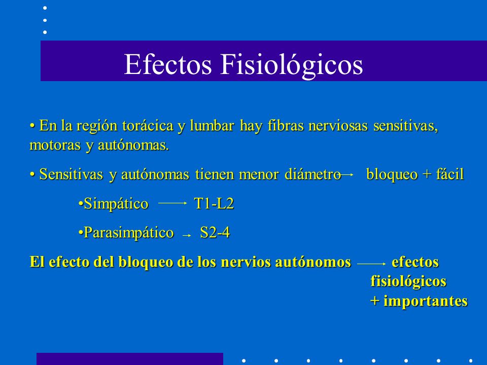 Efectos Fisiológicos En la región torácica y lumbar hay fibras nerviosas sensitivas, motoras y autónomas.