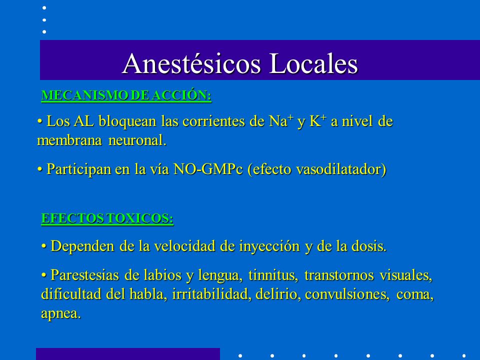 Anestésicos Locales MECANISMO DE ACCIÓN: Los AL bloquean las corrientes de Na+ y K+ a nivel de membrana neuronal.