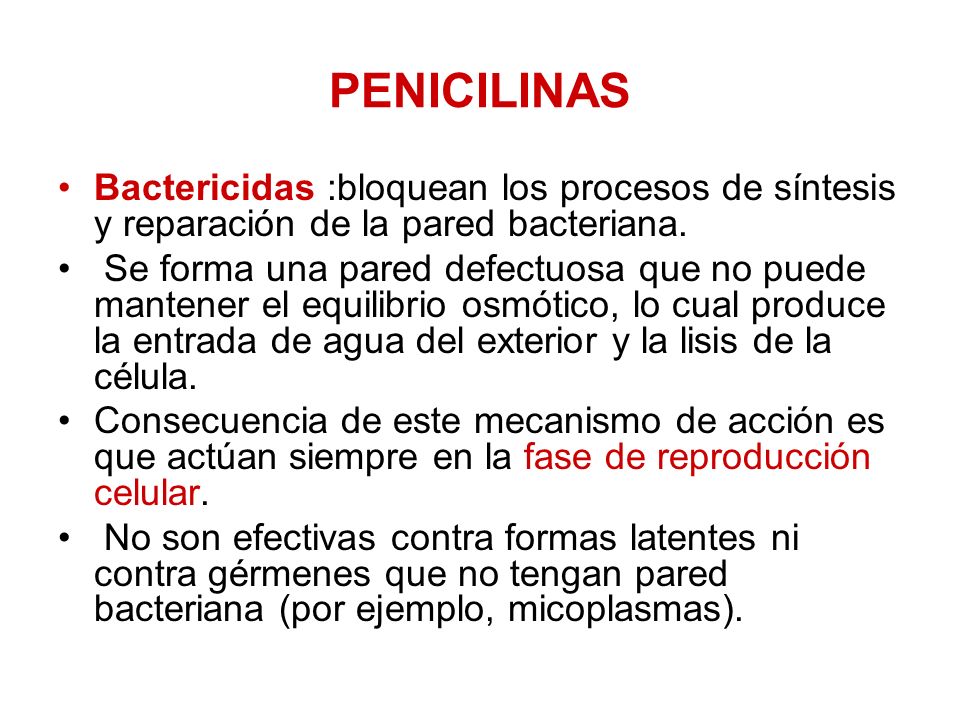 PENICILINAS Bactericidas :bloquean los procesos de síntesis y reparación de la pared bacteriana.