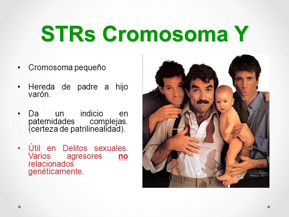 STRs Cromosoma Y Cromosoma pequeño Hereda de padre a hijo varón.