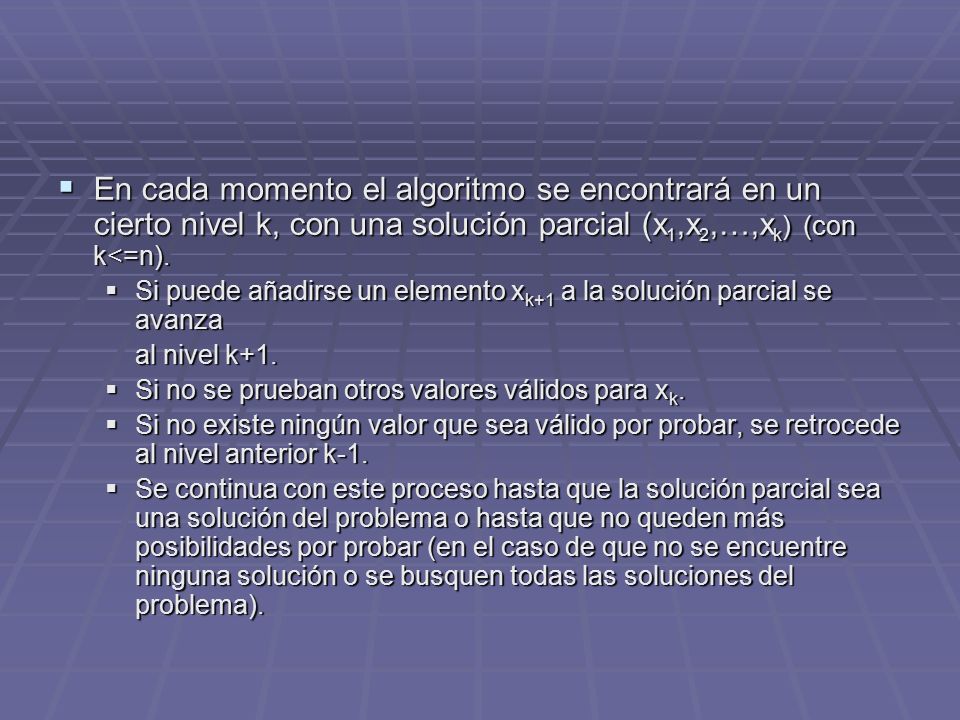 En cada momento el algoritmo se encontrará en un cierto nivel k, con una solución parcial (x1,x2,…,xk) (con k<=n).