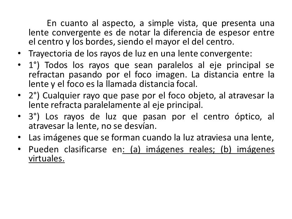 Trayectoria de los rayos de luz en una lente convergente: