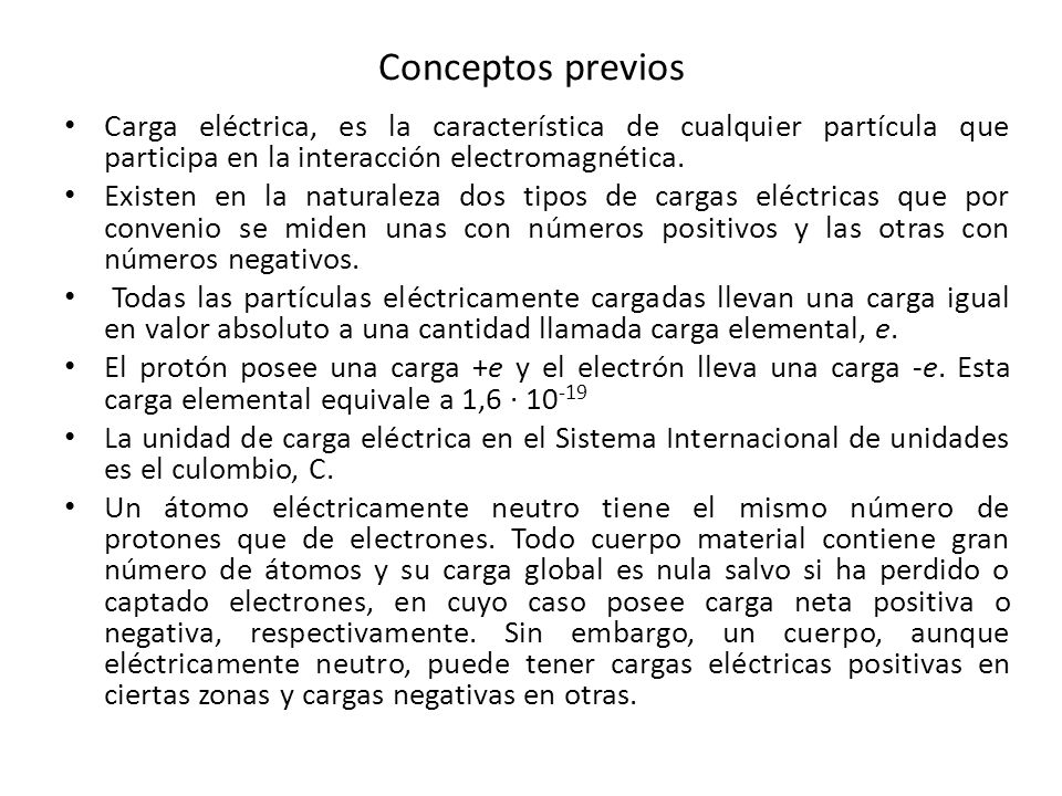 Conceptos previos Carga eléctrica, es la característica de cualquier partícula que participa en la interacción electromagnética.