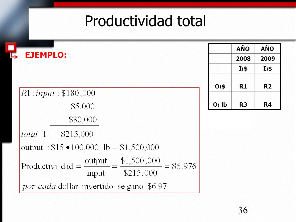 Productividad total AÑO I:$ O:$ R1 R2 O: lb R3 R4 EJEMPLO: