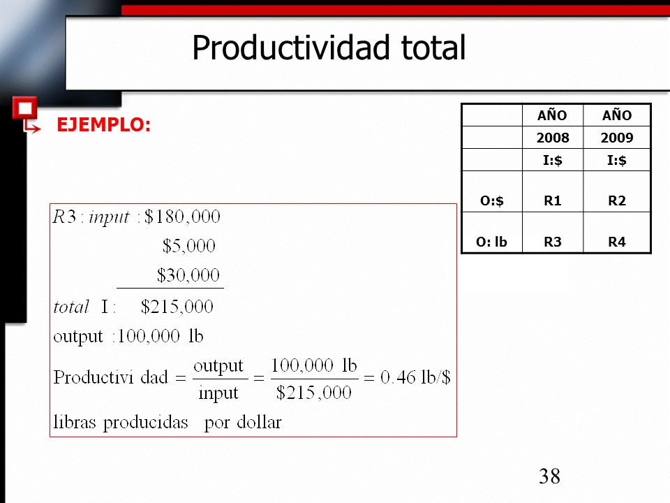 Productividad total AÑO I:$ O:$ R1 R2 O: lb R3 R4 EJEMPLO: