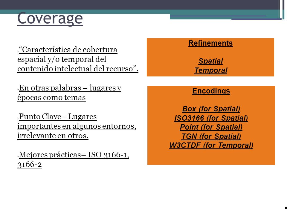Coverage Refinements. Spatial. Temporal. Característica de cobertura espacial y/o temporal del contenido intelectual del recurso .