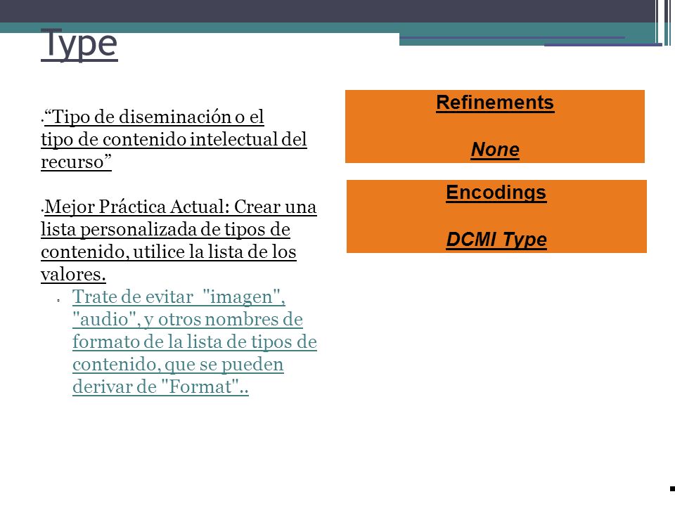 Type Refinements None Encodings DCMI Type Tipo de diseminación o el