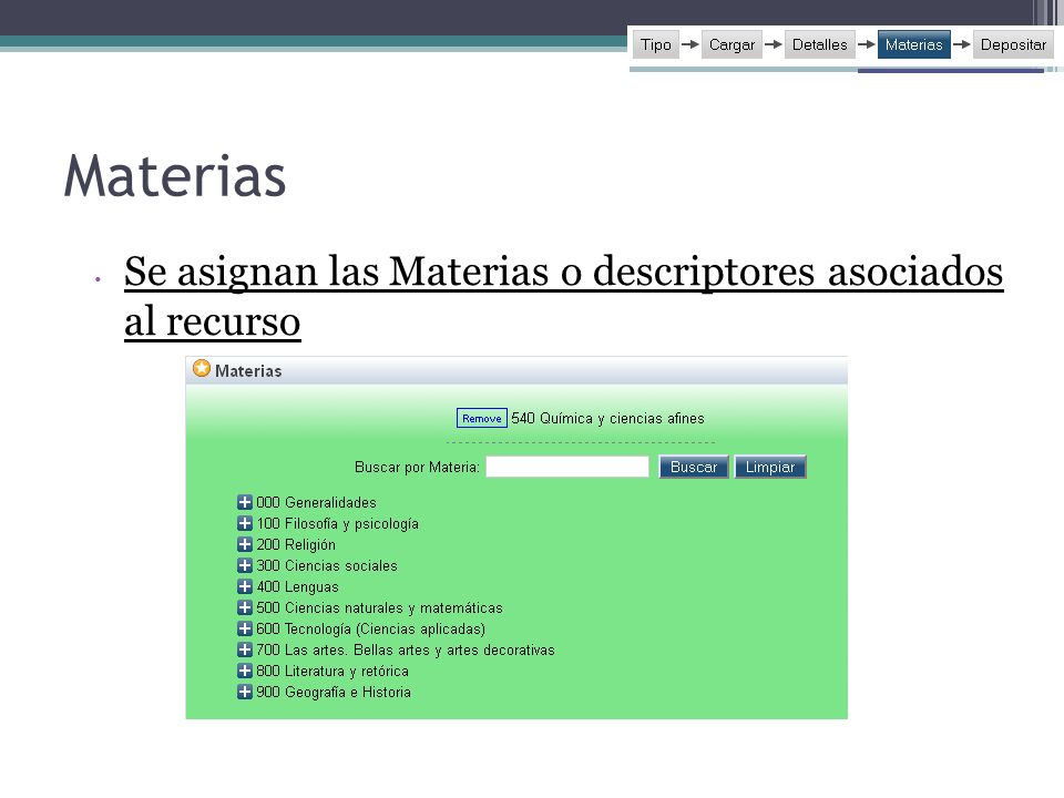 Materias Se asignan las Materias o descriptores asociados al recurso