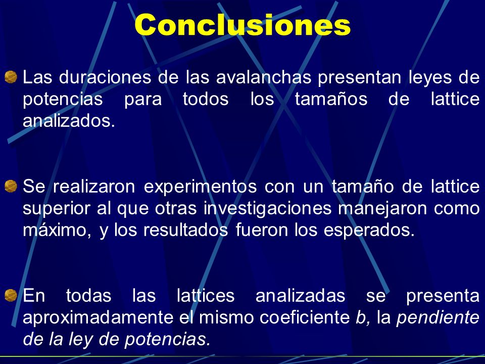 Conclusiones Las duraciones de las avalanchas presentan leyes de potencias para todos los tamaños de lattice analizados.