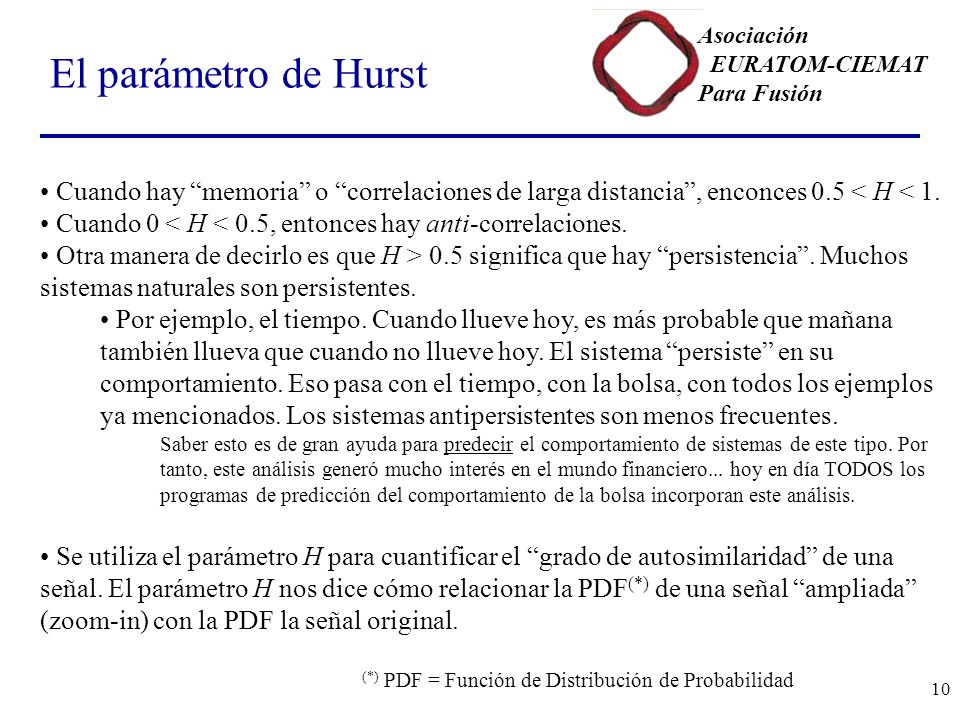 El parámetro de Hurst Cuando hay memoria o correlaciones de larga distancia , enconces 0.5 < H < 1.