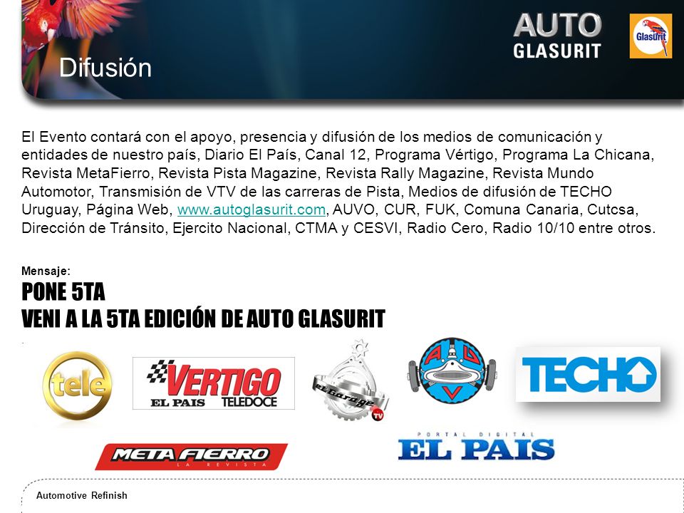 Difusión PONE 5TA VENI A LA 5TA EDICIÓN DE AUTO GLASURIT