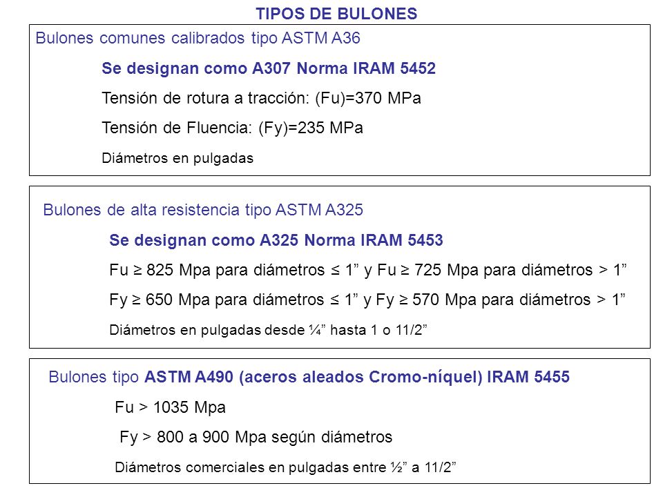 TIPOS DE BULONES Bulones comunes calibrados tipo ASTM A36. Se designan como A307 Norma IRAM Tensión de rotura a tracción: (Fu)=370 MPa.