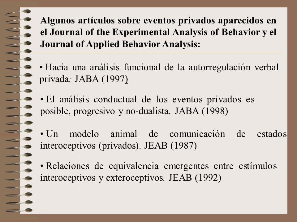 Algunos artículos sobre eventos privados aparecidos en el Journal of the Experimental Analysis of Behavior y el Journal of Applied Behavior Analysis:
