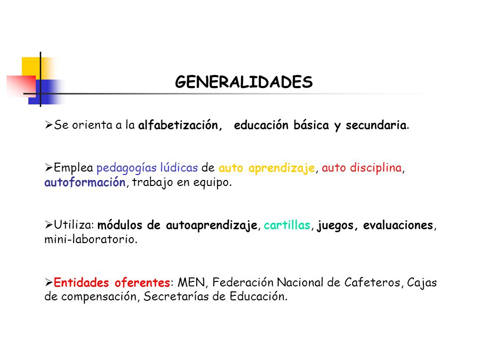 GENERALIDADES Se orienta a la alfabetización, educación básica y secundaria.