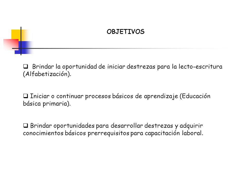 OBJETIVOS Brindar la oportunidad de iniciar destrezas para la lecto-escritura (Alfabetización).