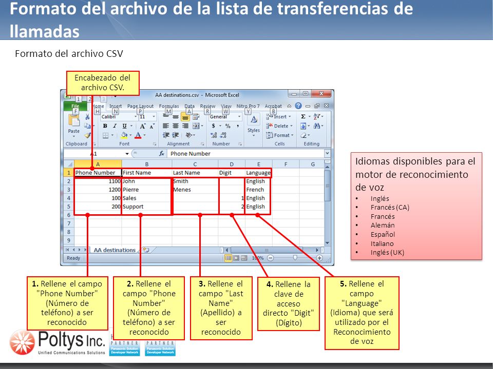 Formato del archivo de la lista de transferencias de llamadas