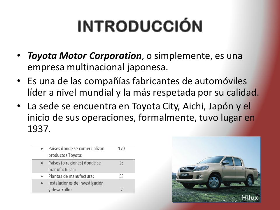 INTRODUCCIÓN Toyota Motor Corporation, o simplemente, es una empresa multinacional japonesa.