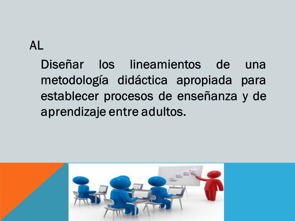 AL Diseñar los lineamientos de una metodología didáctica apropiada para establecer procesos de enseñanza y de aprendizaje entre adultos.