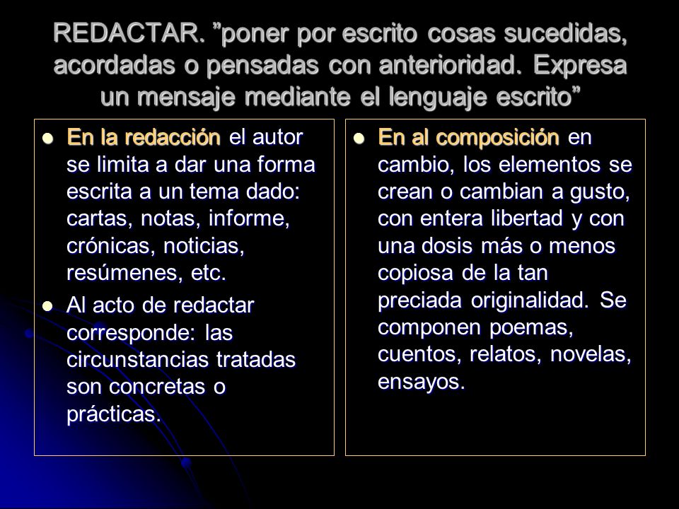 REDACTAR. poner por escrito cosas sucedidas, acordadas o pensadas con anterioridad. Expresa un mensaje mediante el lenguaje escrito