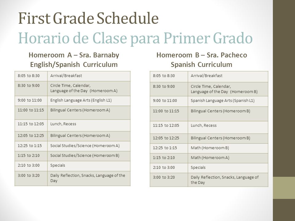 First Grade Schedule Horario de Clase para Primer Grado