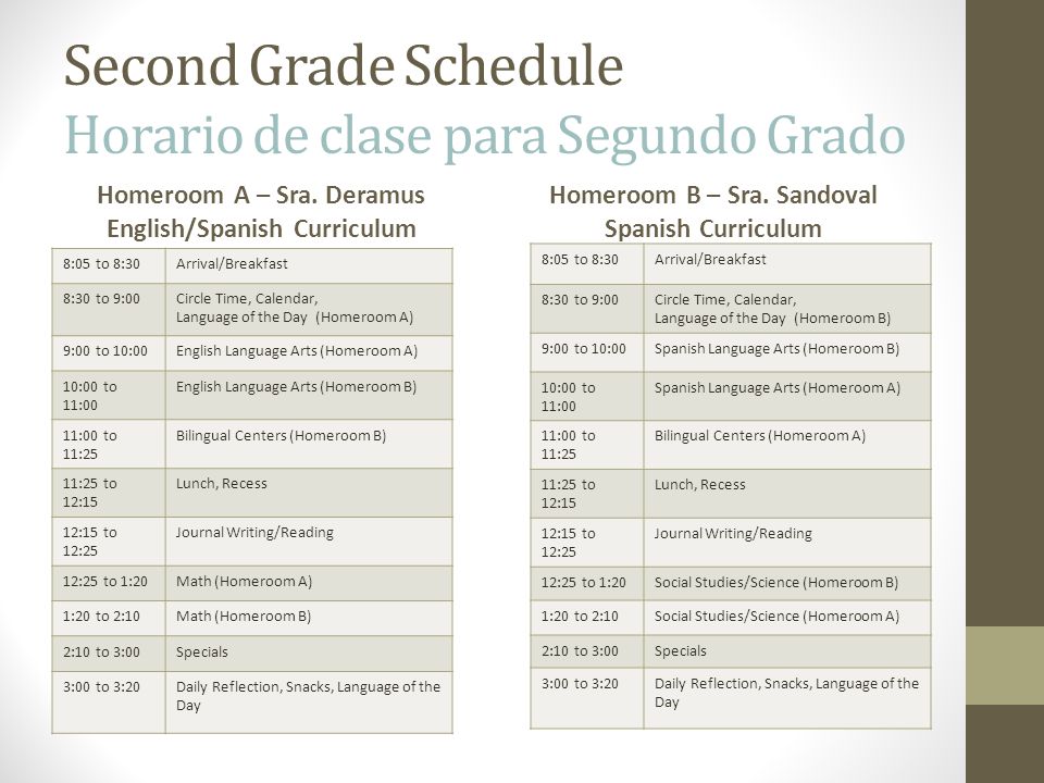 Second Grade Schedule Horario de clase para Segundo Grado
