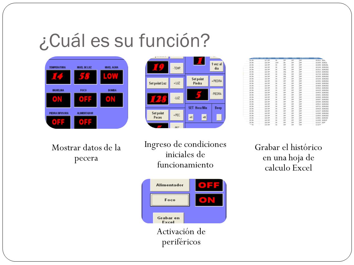 ¿Cuál es su función Mostrar datos de la pecera. Ingreso de condiciones iniciales de funcionamiento.