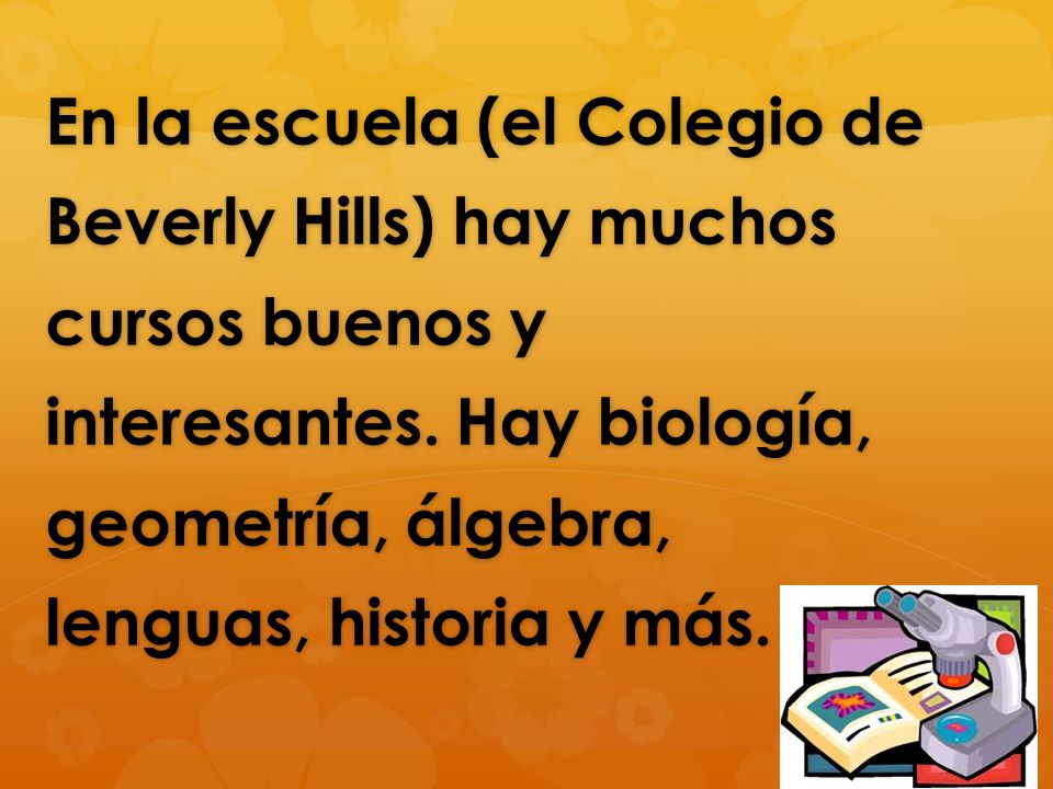 En la escuela (el Colegio de Beverly Hills) hay muchos cursos buenos y interesantes.