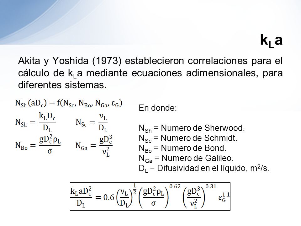 kLa Akita y Yoshida (1973) establecieron correlaciones para el cálculo de kLa mediante ecuaciones adimensionales, para diferentes sistemas.