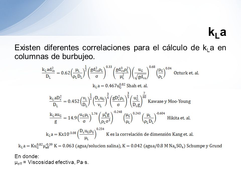 kLa Existen diferentes correlaciones para el cálculo de kLa en columnas de burbujeo.