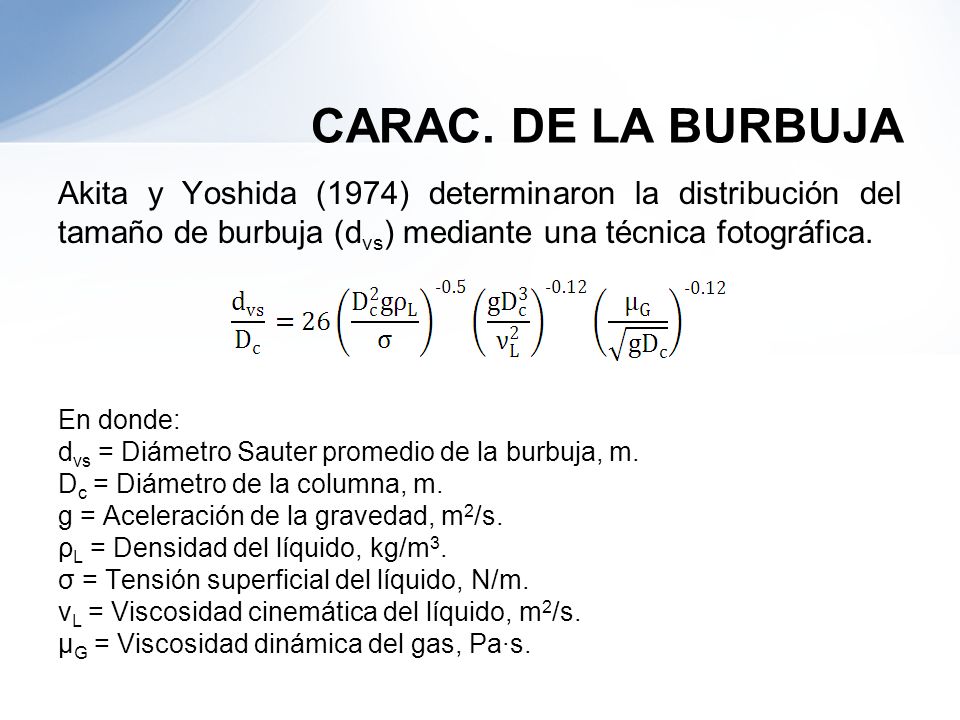 CARAC. DE LA BURBUJA Akita y Yoshida (1974) determinaron la distribución del tamaño de burbuja (dvs) mediante una técnica fotográfica.