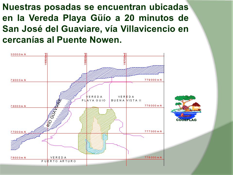 Nuestras posadas se encuentran ubicadas en la Vereda Playa Güío a 20 minutos de San José del Guaviare, vía Villavicencio en cercanías al Puente Nowen.