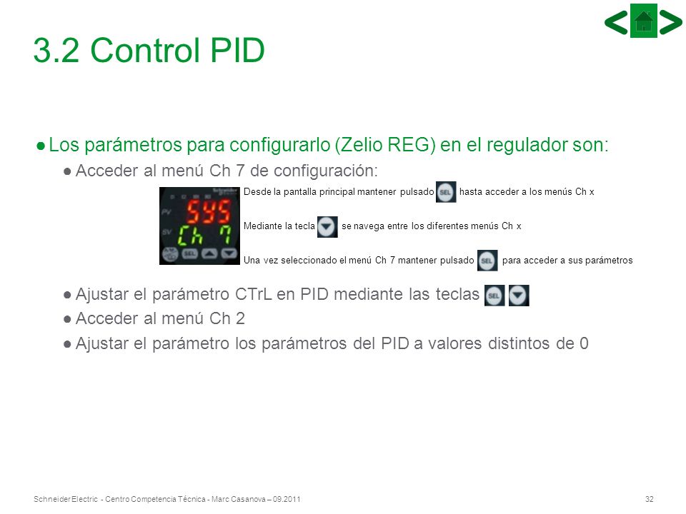 3.2 Control PID Los parámetros para configurarlo (Zelio REG) en el regulador son: Acceder al menú Ch 7 de configuración: