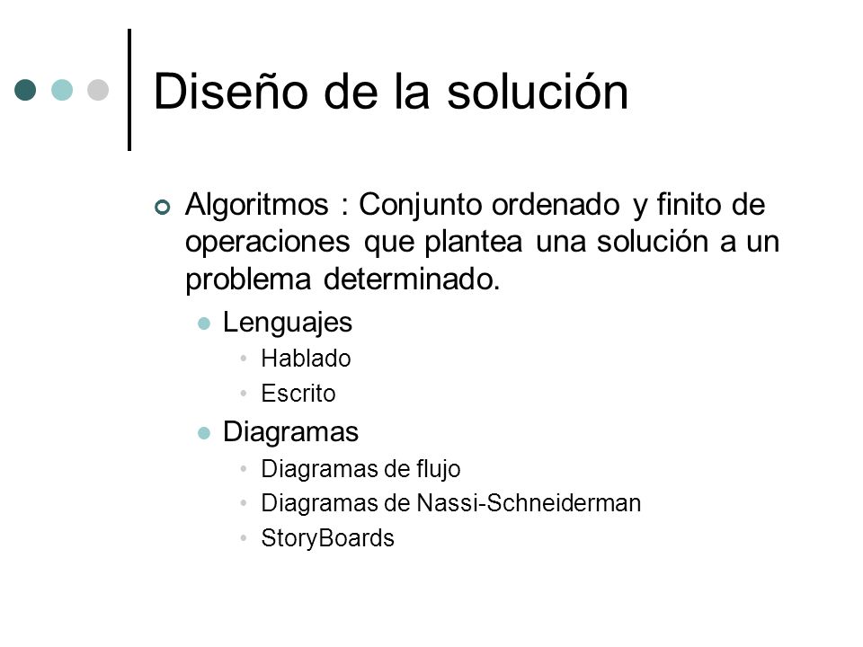 Diseño de la solución Algoritmos : Conjunto ordenado y finito de operaciones que plantea una solución a un problema determinado.