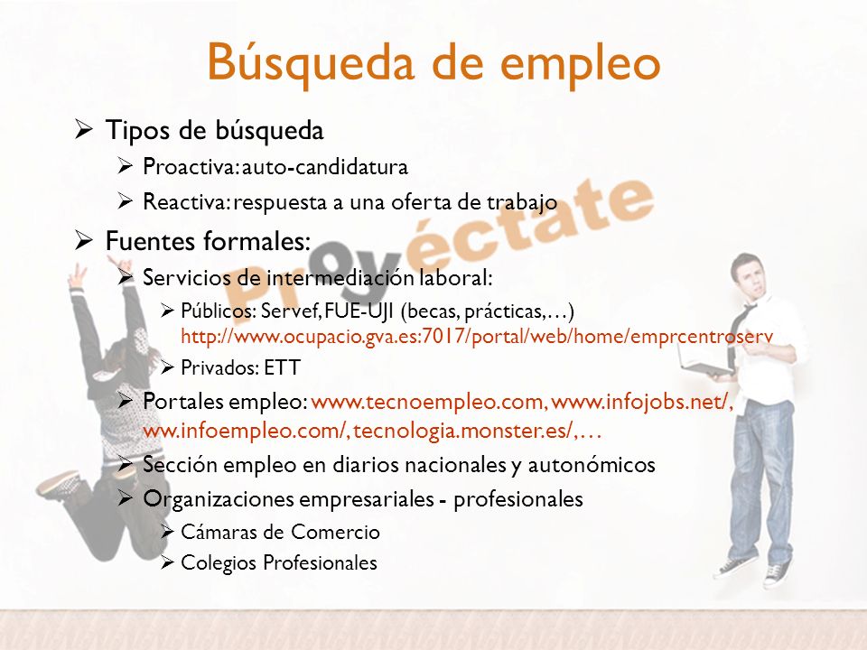 Búsqueda de empleo Tipos de búsqueda Fuentes formales: