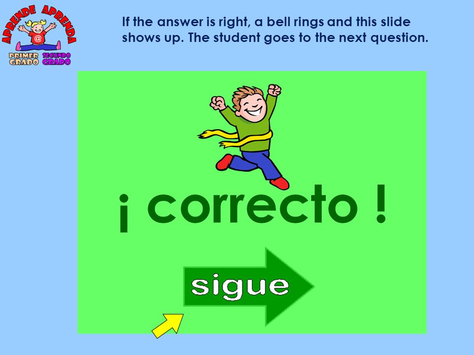 If the answer is right, a bell rings and this slide shows up