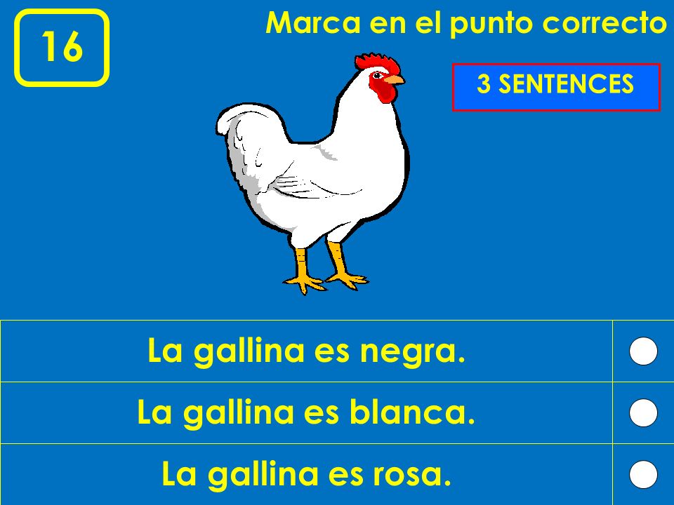 16 La gallina es negra. La gallina es blanca. La gallina es rosa.