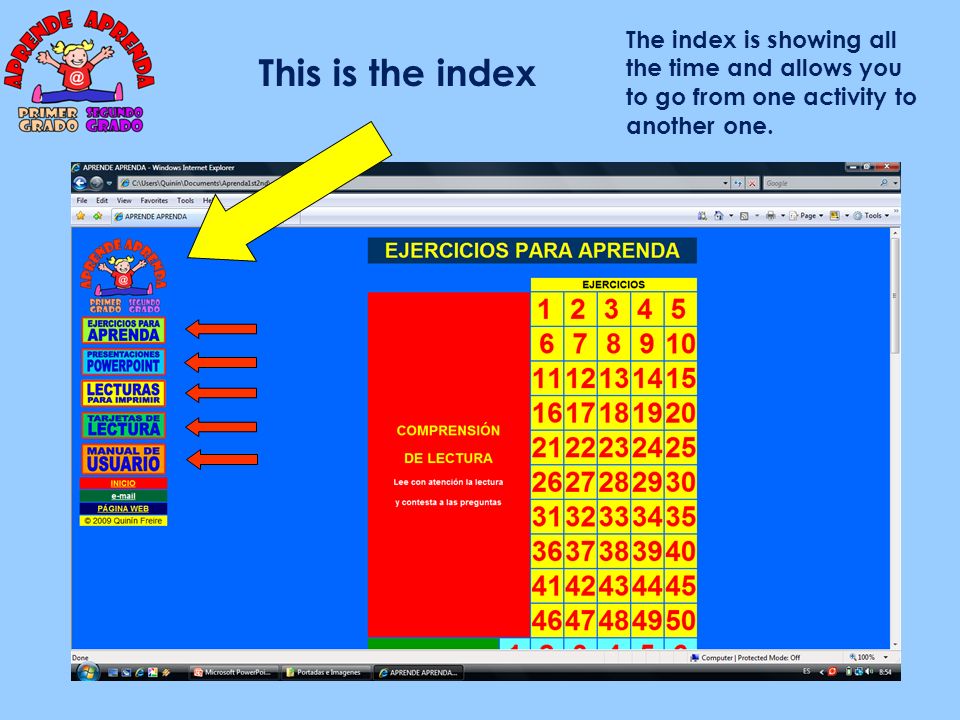 The index is showing all the time and allows you to go from one activity to another one.