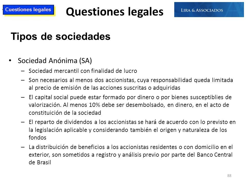 Questiones legales Tipos de sociedades Sociedad Anónima (SA)
