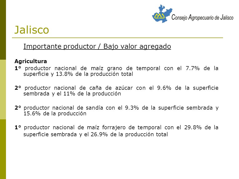 Jalisco Importante productor / Bajo valor agregado Agricultura