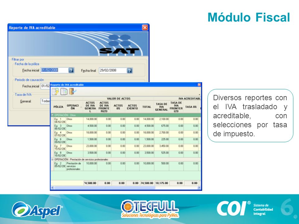 Módulo Fiscal Diversos reportes con el IVA trasladado y acreditable, con selecciones por tasa de impuesto.